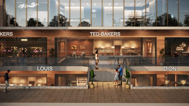 Front view of a modern commercial building with multiple retail outlets including Ted-Bakers, Louis, Dion, and Pizza Cava. The façade features large glass panels and wooden accents. People are walking and interacting on the steps and balcony areas, highlighting an active shopping environment.